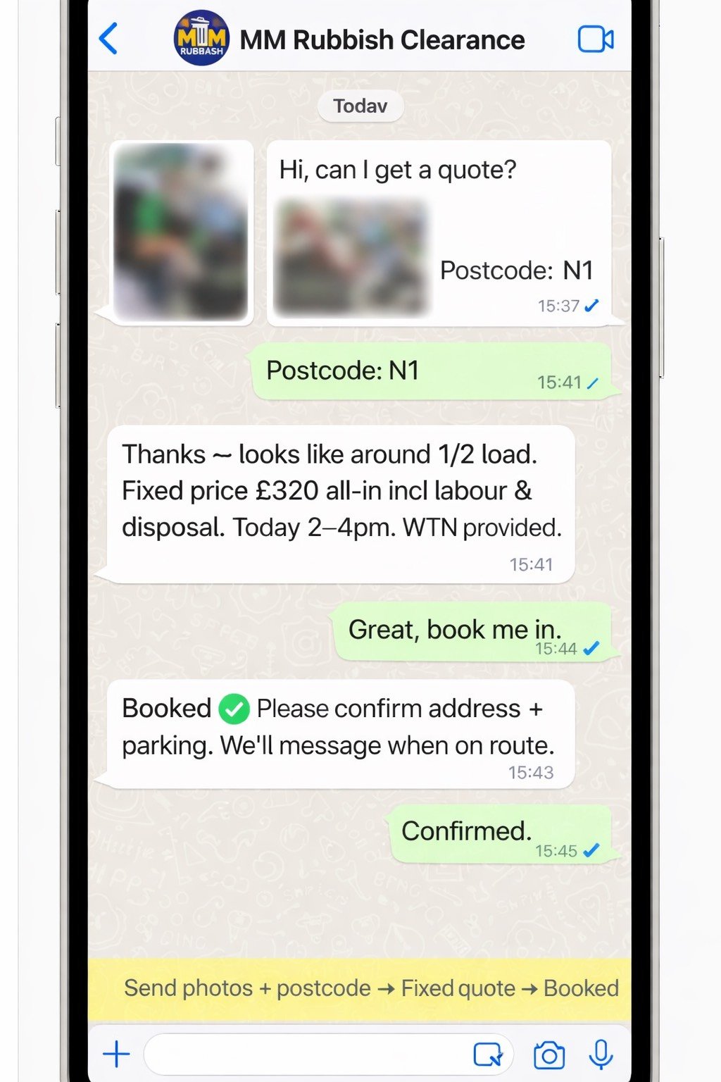 WhatsApp quote process London – customer sends rubbish photos and receives fast response from MM Rubbish Clearance