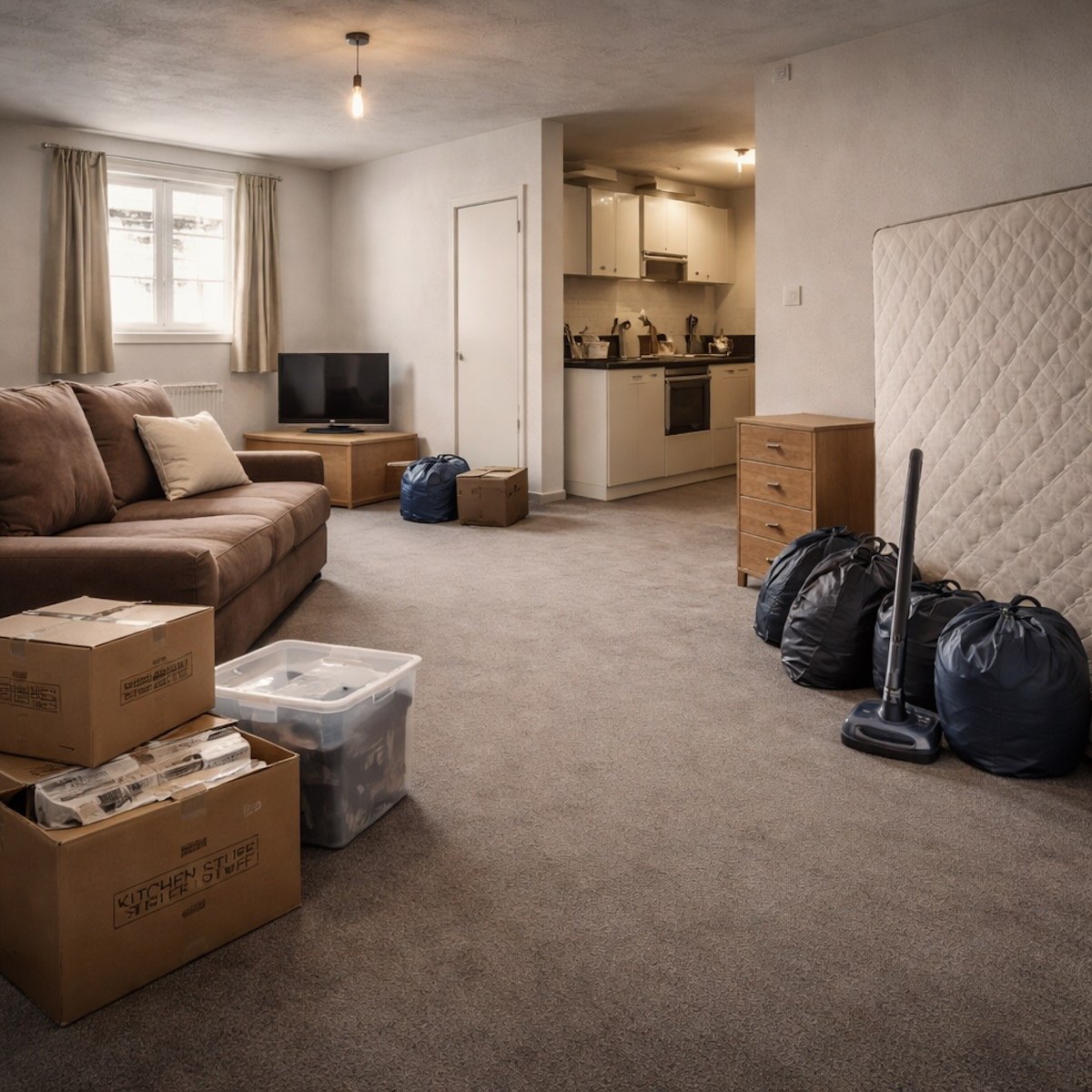End of tenancy clearance London – sofa, mattress, bags and leftover household items in a void property