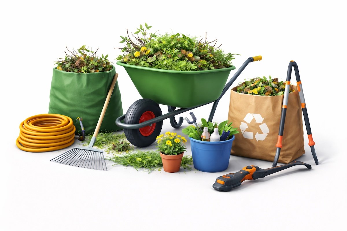 3D render of wheelbarrow, garden waste bags and tools for garden clearance service in London