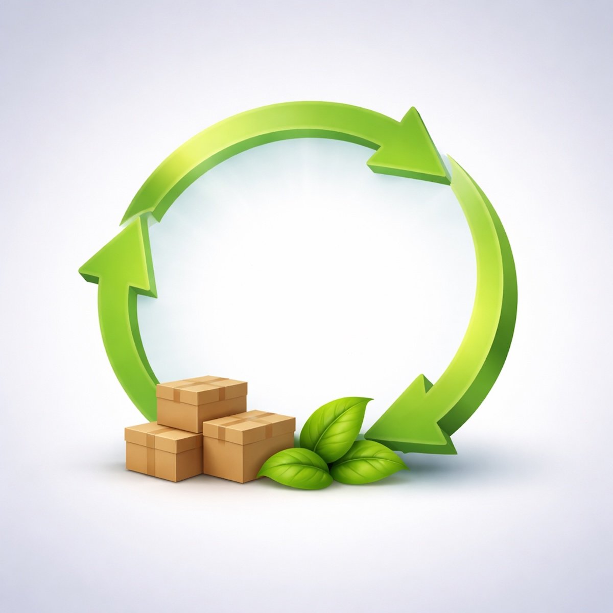 3D render of green recycling loop with cardboard boxes and leaves for eco-friendly waste disposal in London