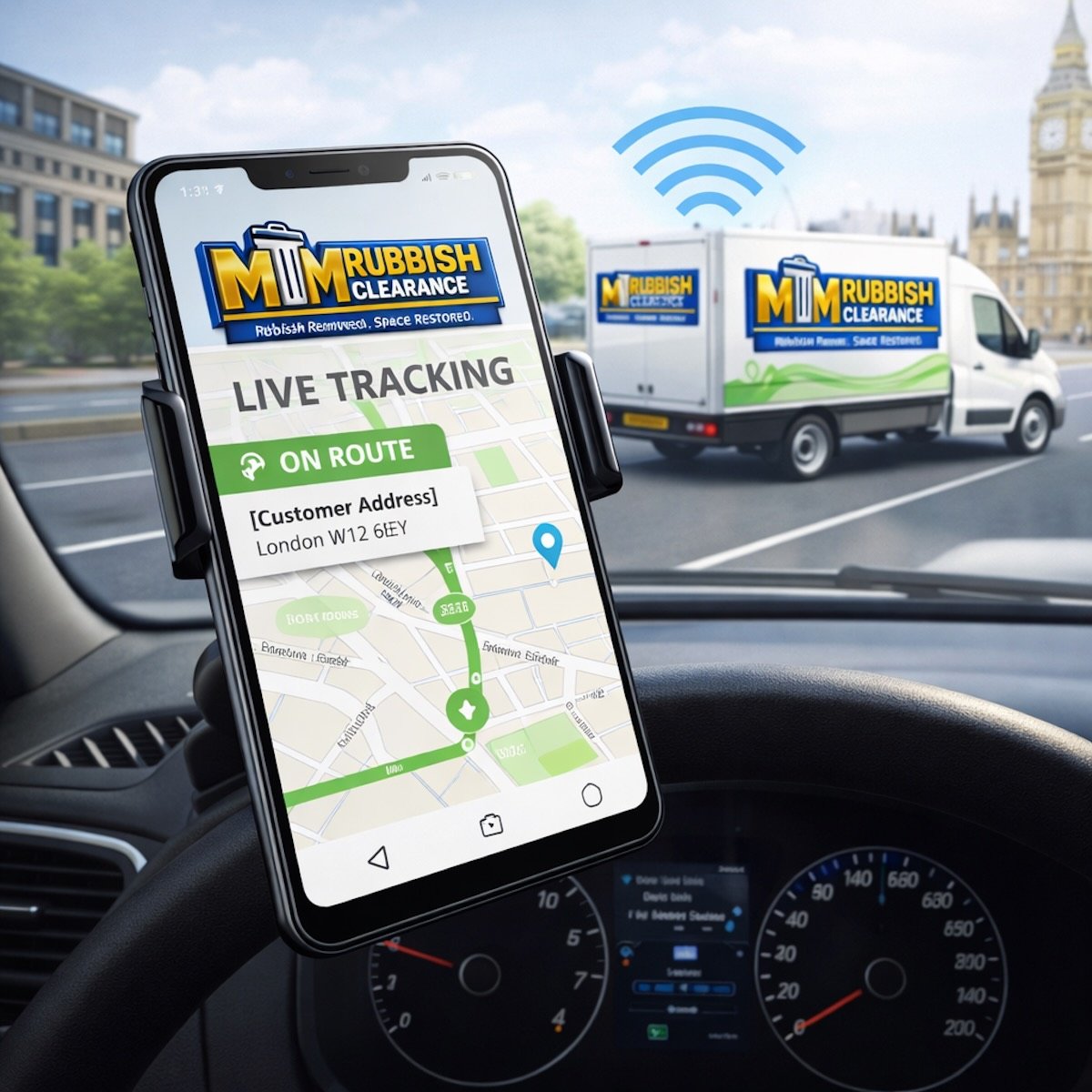 MM Rubbish Clearance van and smartphone showing live tracking in London with branded vehicle and app