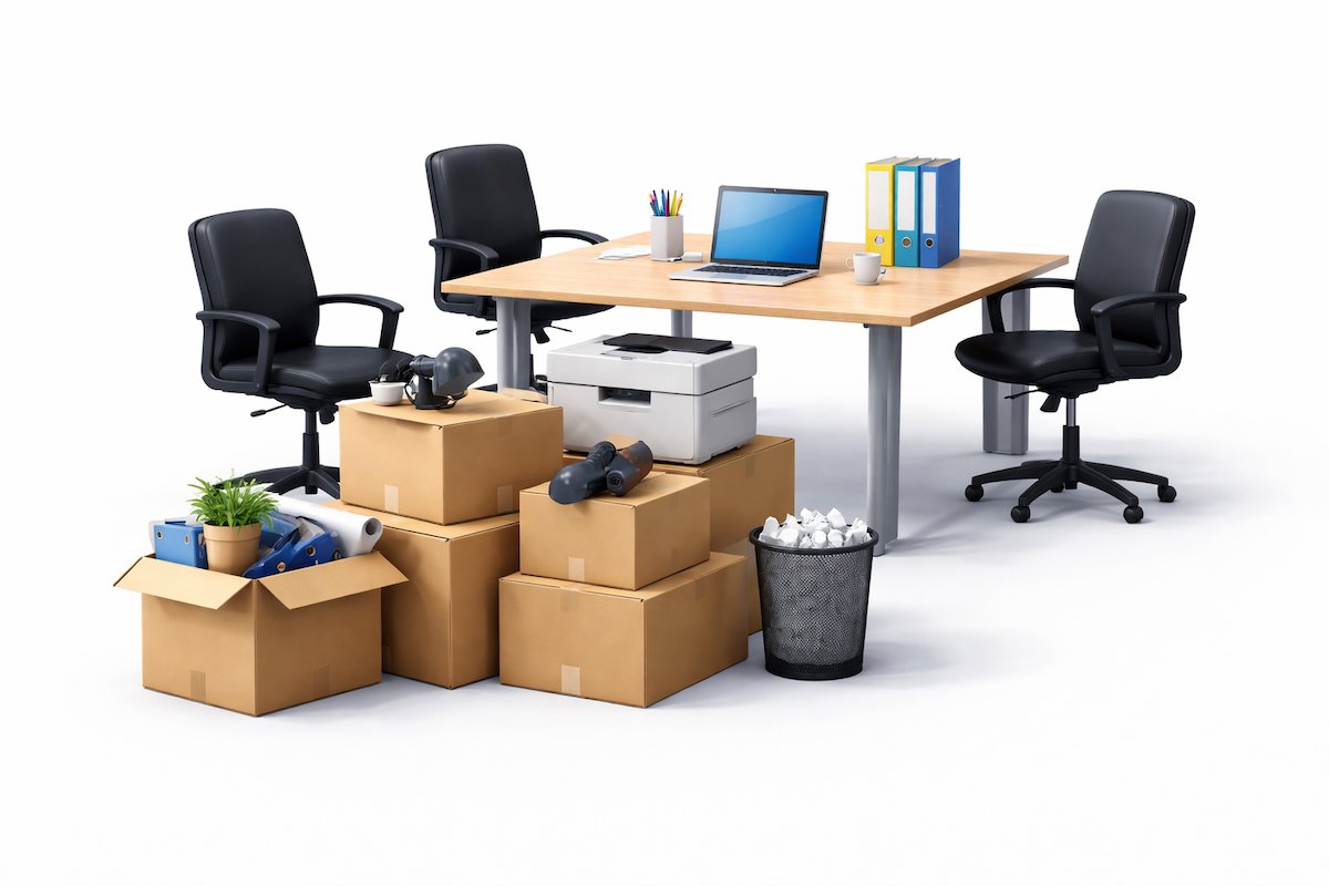 3D render of office chairs, desk, boxes and bulky office waste for commercial clearance service in London