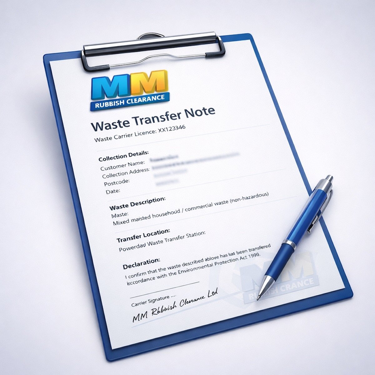 3D waste transfer note document with MM Rubbish Clearance branding showing legal waste disposal compliance