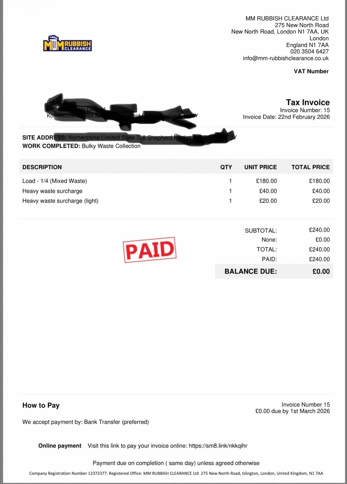 MM Rubbish Clearance digital invoice and receipt issued after rubbish collection in London