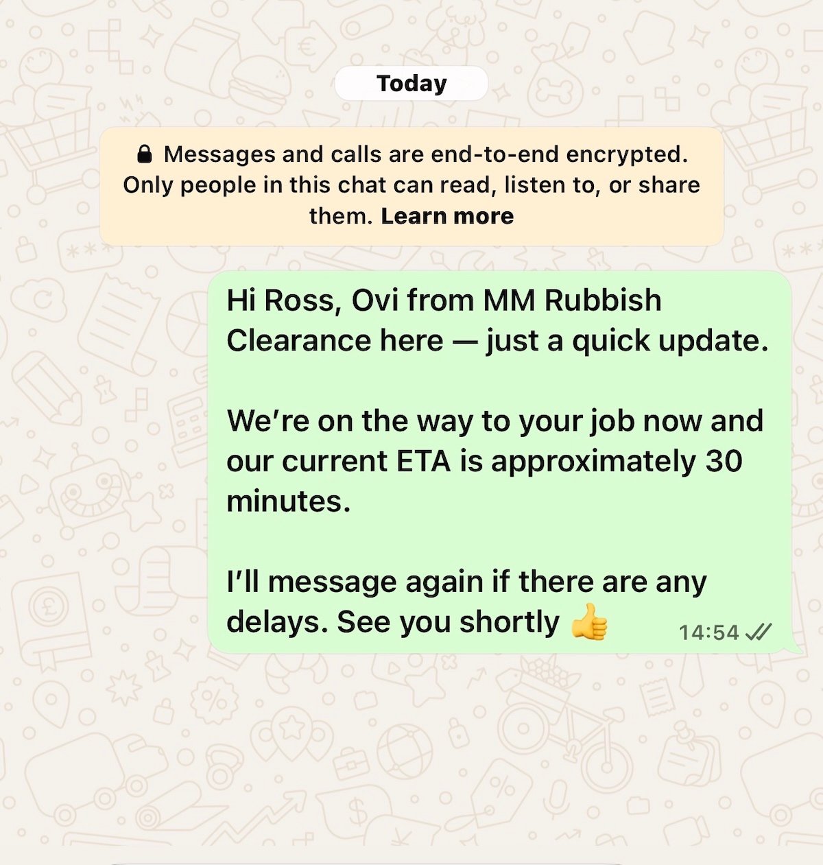 WhatsApp live ETA update from Ovi at MM Rubbish Clearance before collection