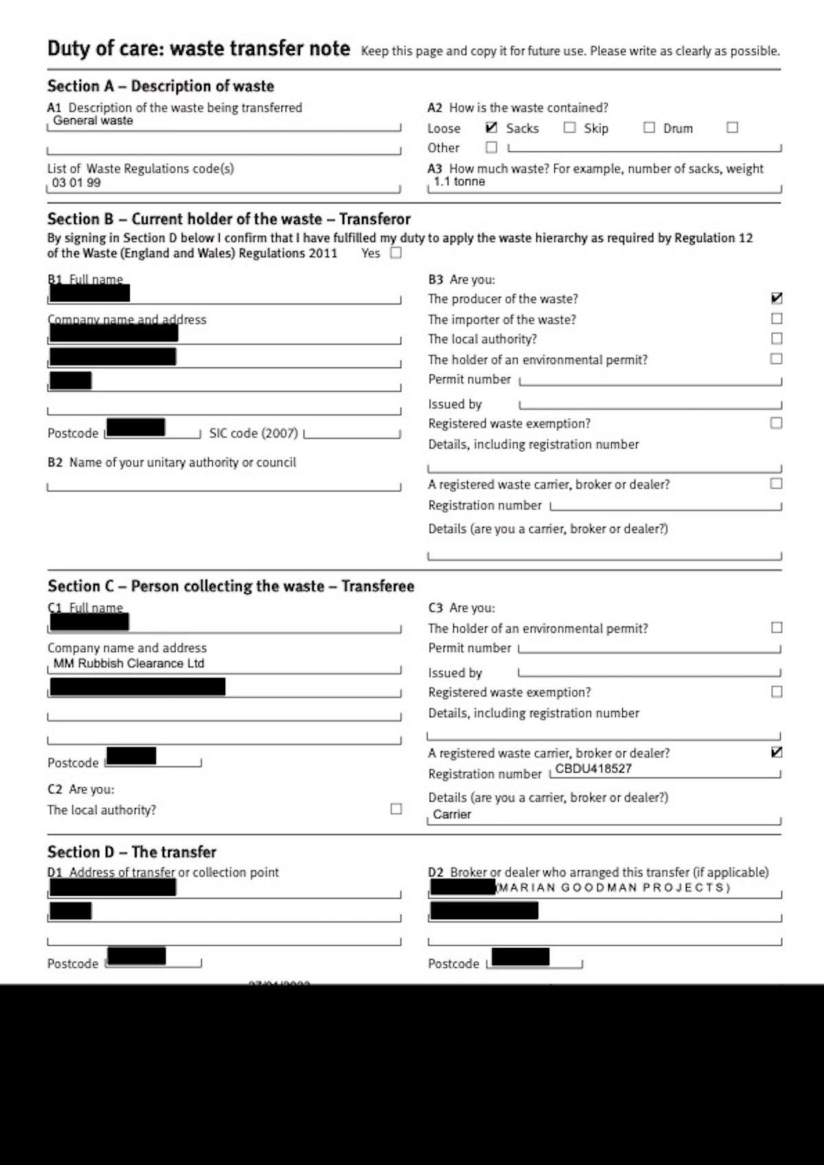 MM Rubbish Clearance digital Waste Transfer Note showing legal waste collection and disposal documentation
