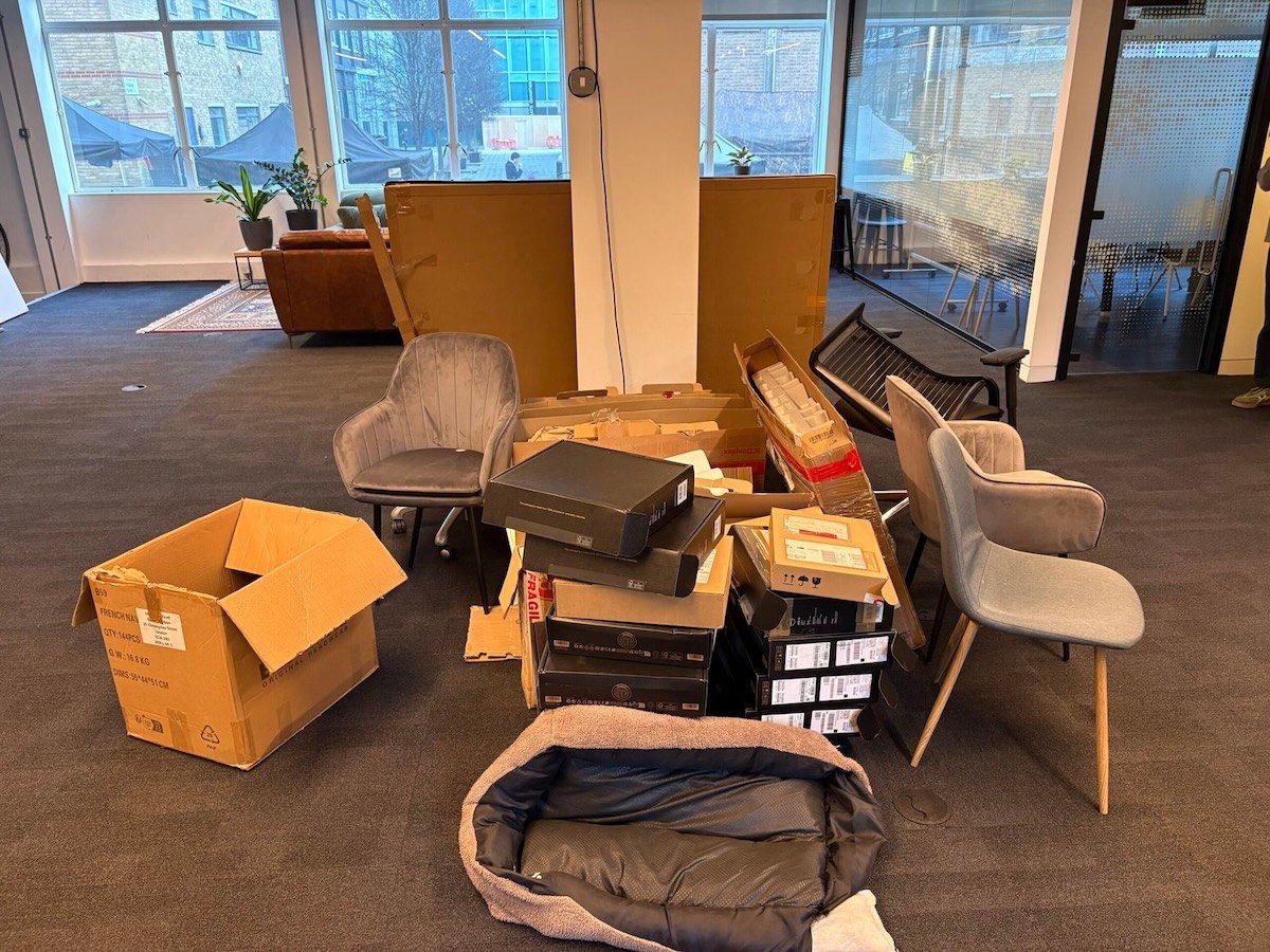 Office clearance before photo on Christopher Street EC2 showing office furniture and waste ready for collection