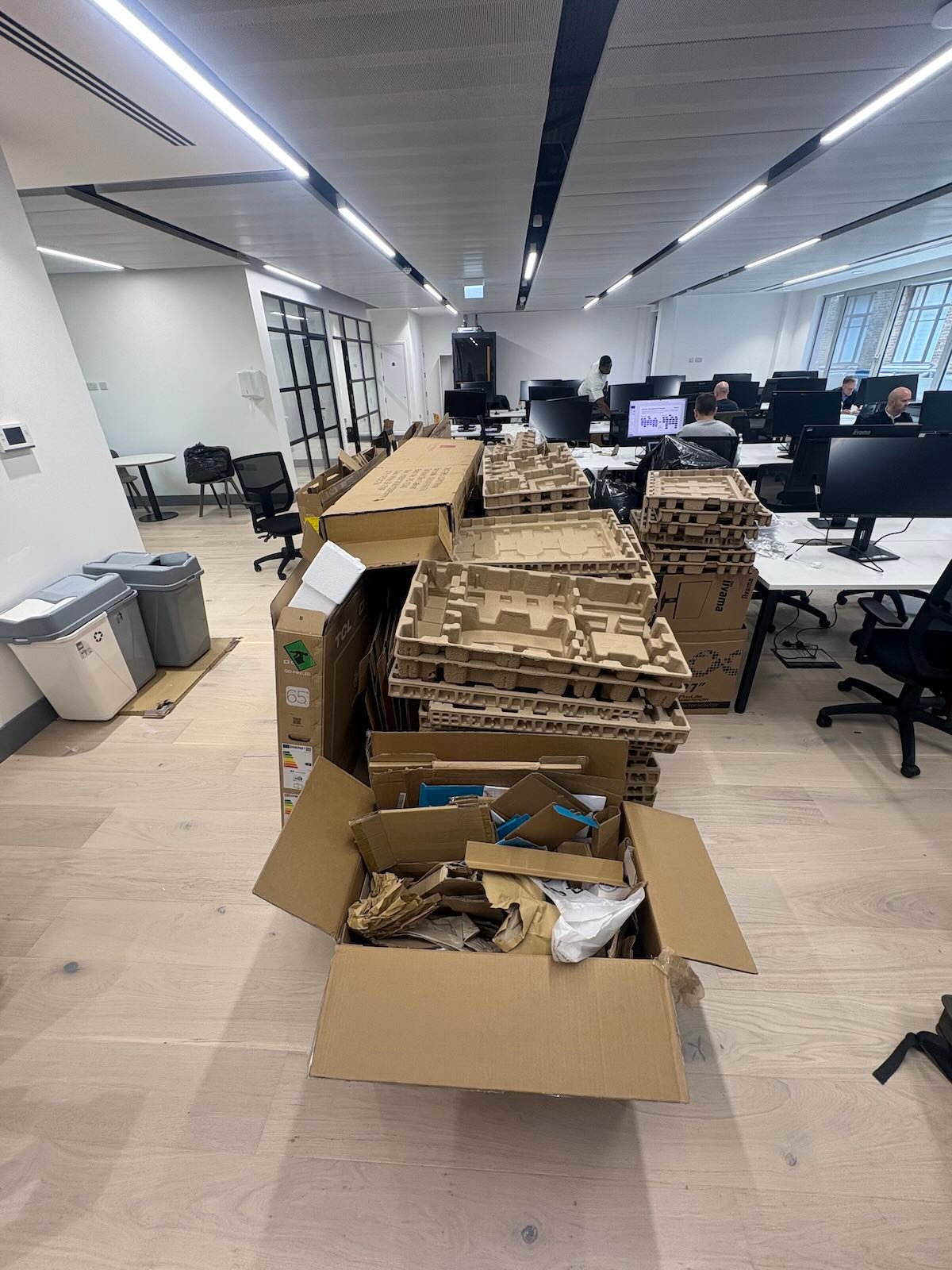 Office clearance before photo in Clerkenwell EC1 showing packaging and office waste ready for collection