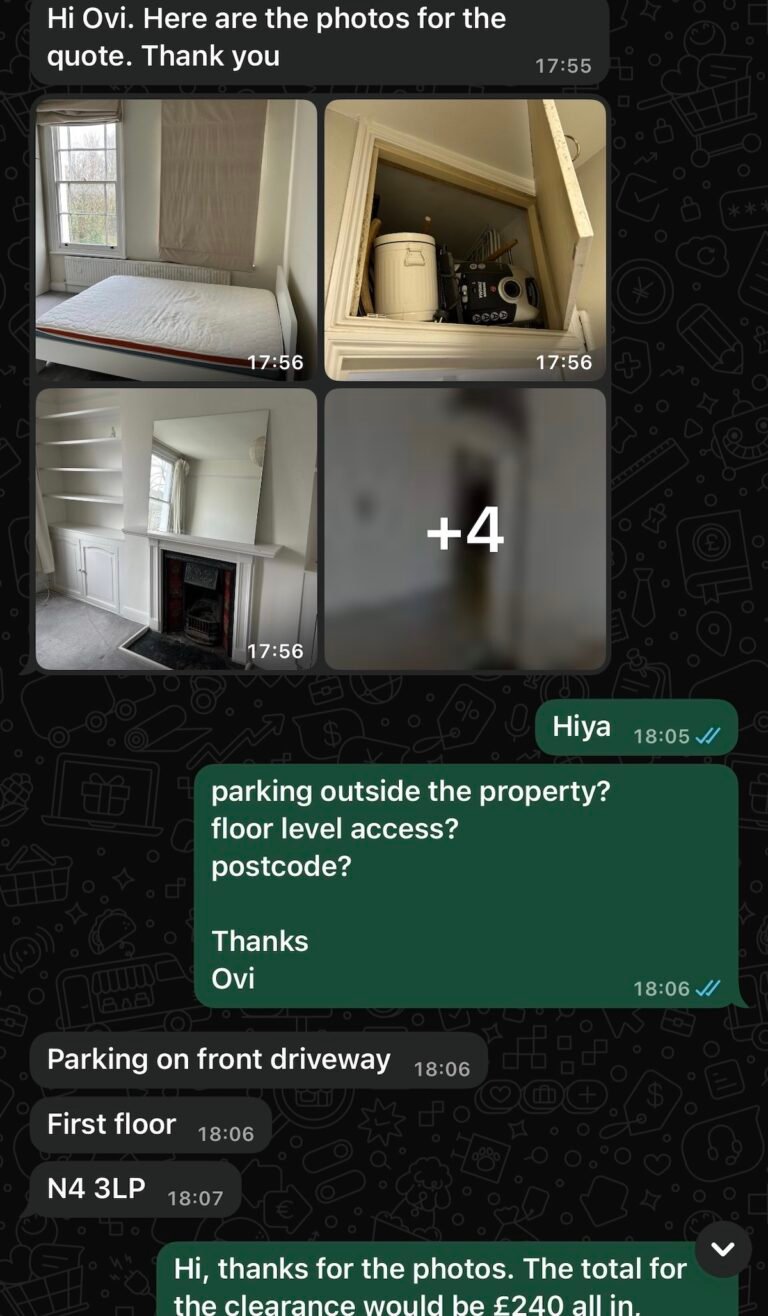 WhatsApp rubbish removal enquiry sent to MM Rubbish Clearance