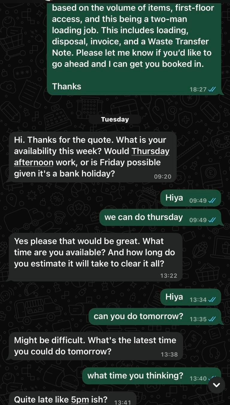 WhatsApp booking confirmation for rubbish removal
