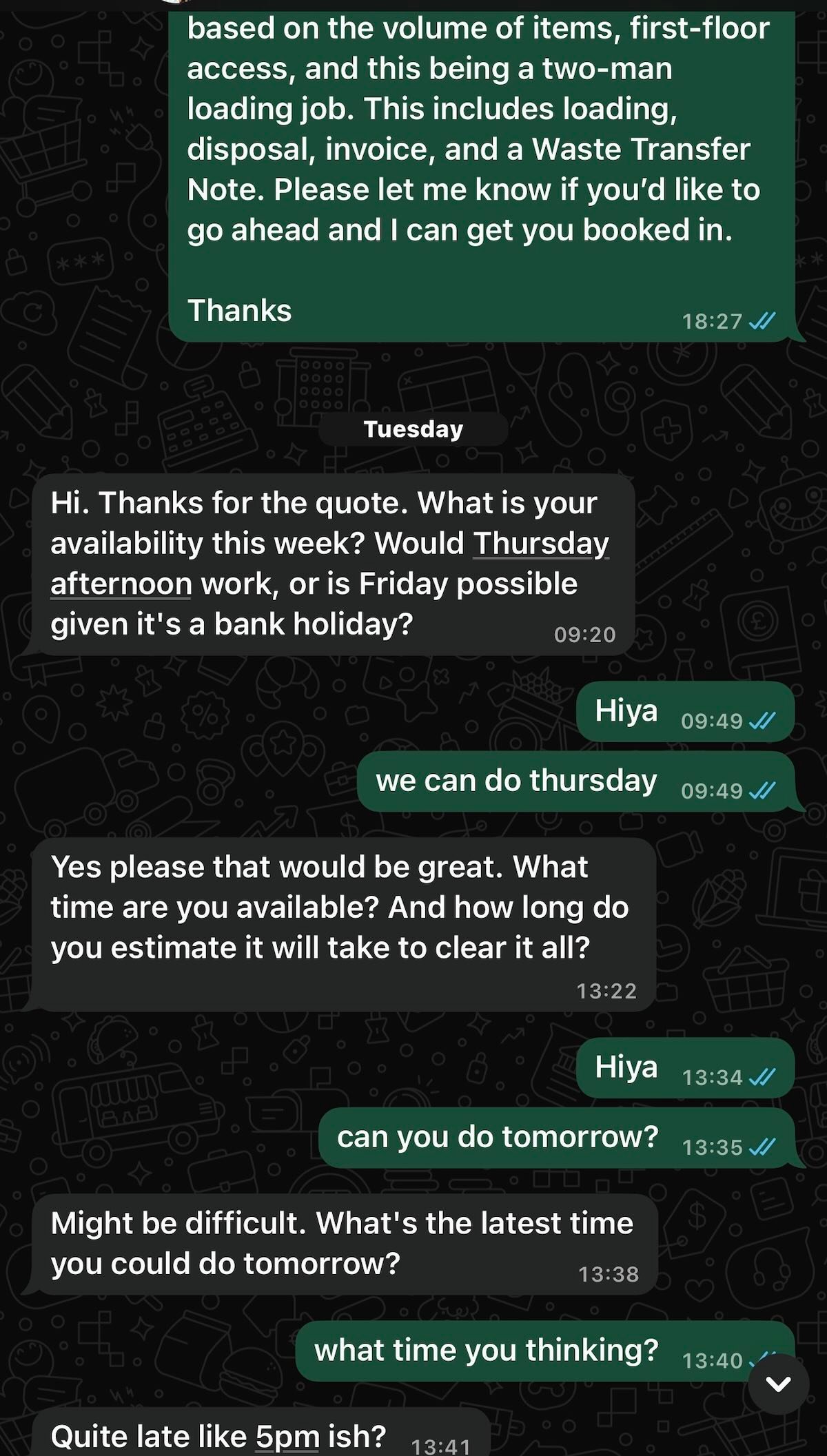 WhatsApp confirmation message for booked furniture removal job in London