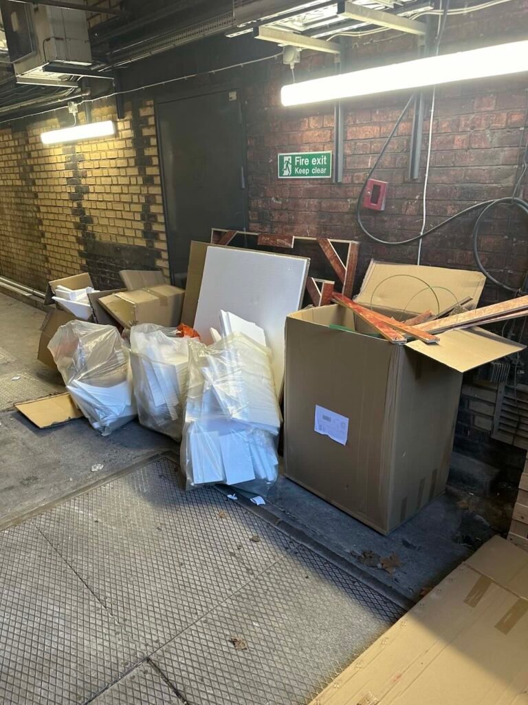 Fit-out packaging waste at a King's Road, Chelsea restaurant before clearance